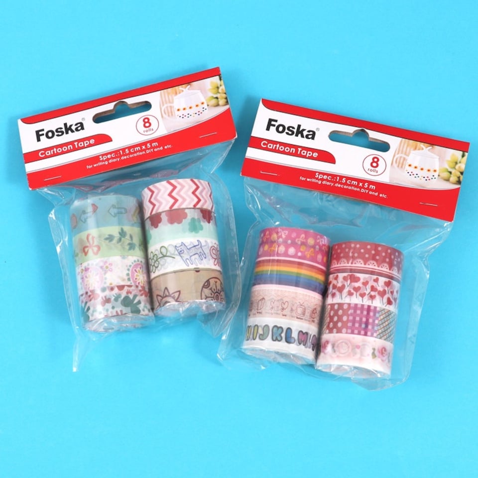 image 1 of Pack of 8 Fancy Colour Cartoon Washi Tapes 1.5cm x 5m