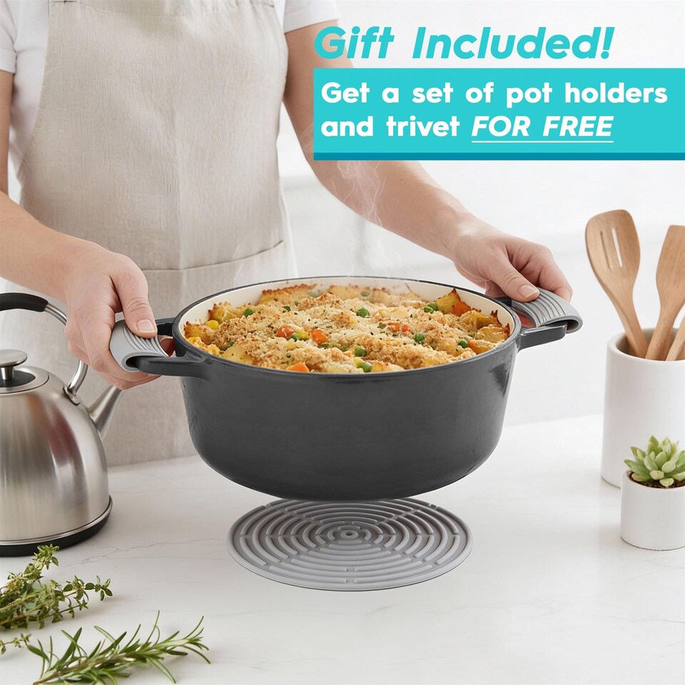 image 1 of Argon Tableware 2.3L & 4.5L Shallow Cast Iron Casserole Dish Set with Self-Basting Lids - Dutch Oven Roasting Pot | Grey | Slate Grey