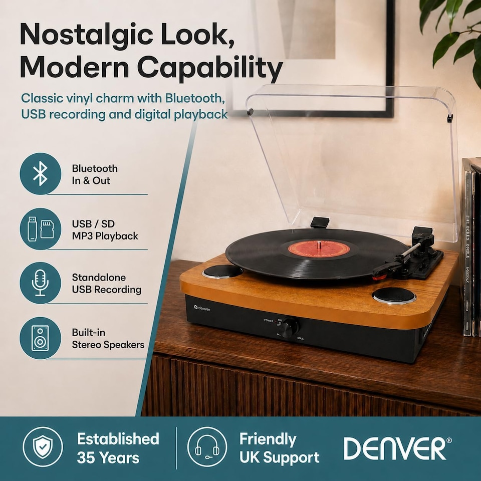 image 1 of Lightwood Vinyl Record Player With Stereo Speakers - Bluetooth Send & Receive - USB & SD Recording - AUX IN & RCA Out