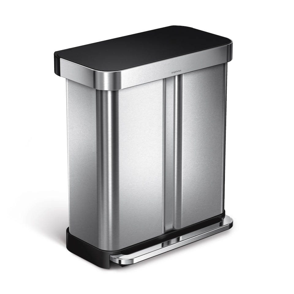 image 1 of Simplehuman 58L Recycling Rectangular Pedal Bin with Liner Pocket, Brushed Stainless Steel with Black Plastic Lid
