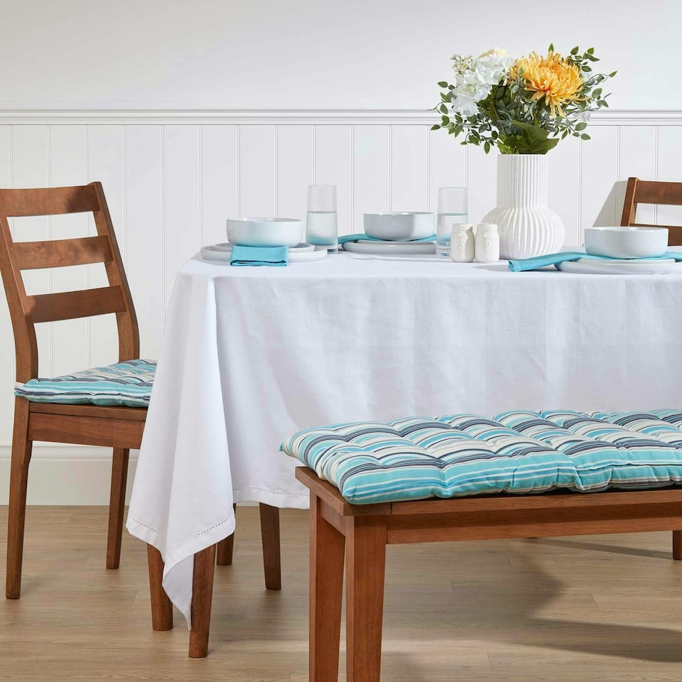 image 1 of Homescapes Garden Bench Cushion Luxury 3 Seater Cotton Stripe Indoor Outdoor Seat Pad | Blue | 143 x 48 cm | 1