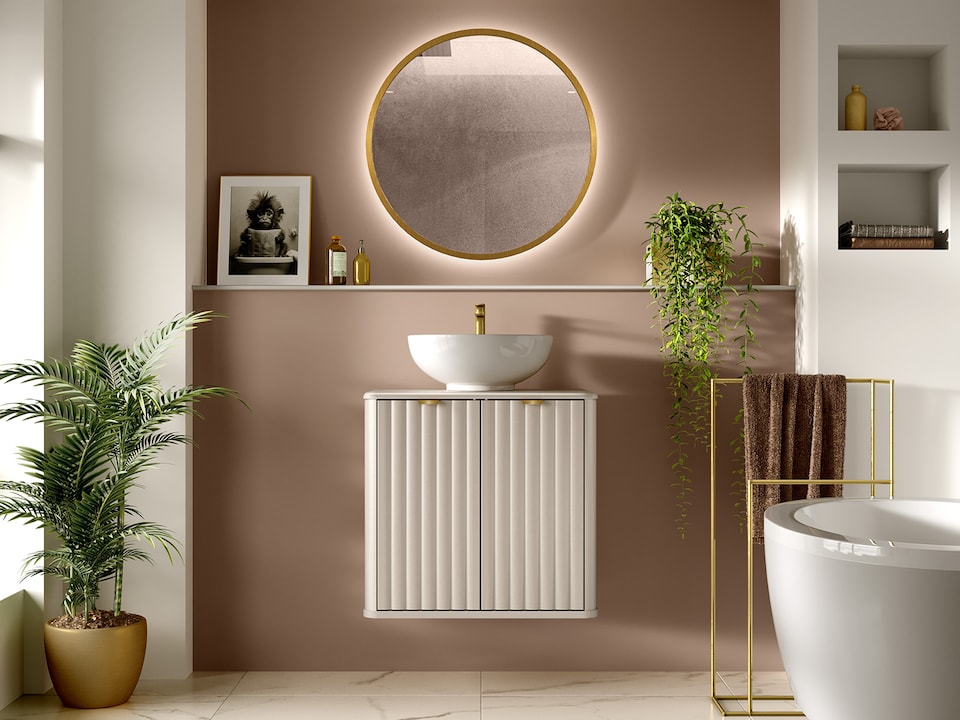 image 1 of Beige Bathroom Vanity Sink Unit Wall Hung Ribbed Cabinet 600mm Countertop with Basin Oren