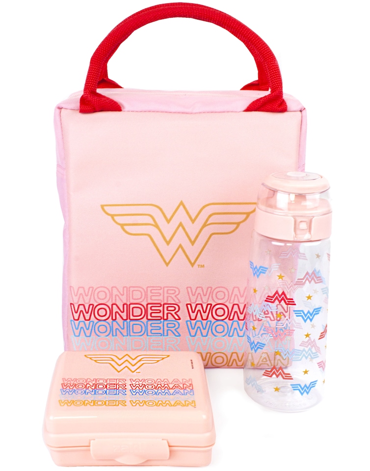 image 1 of DC Comics Wonder Woman Lunch Bag | Rectangular Tote Style 3 Piece Set with Water Bottle & Snack Container | Embrace Superhero Power | Pink Shield Design for Adults & Kids | Wonder Durable Material