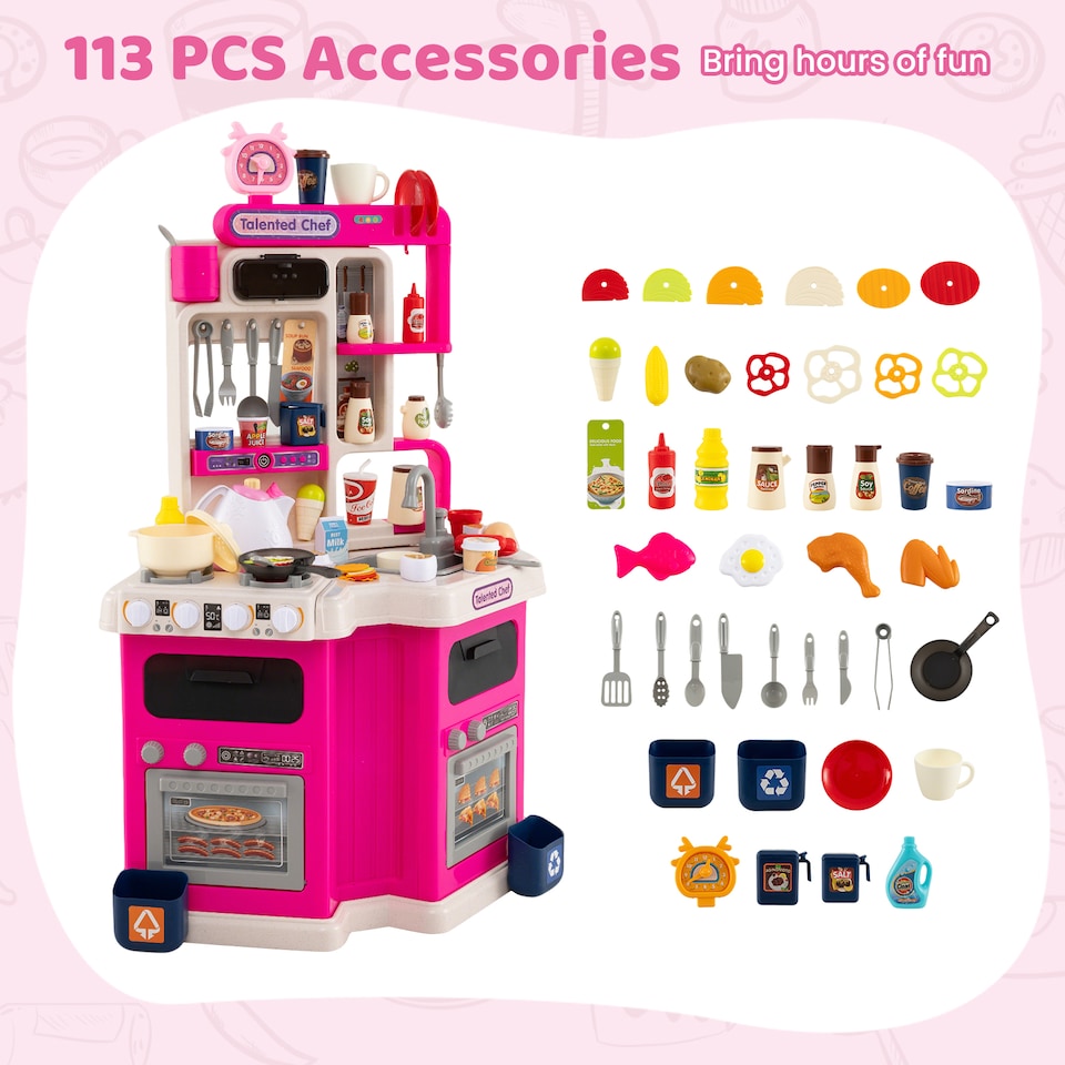 image 1 of COSTWAY Kids Kitchen Playset Corner Play Kitchen with Realistic Sounds-Pink