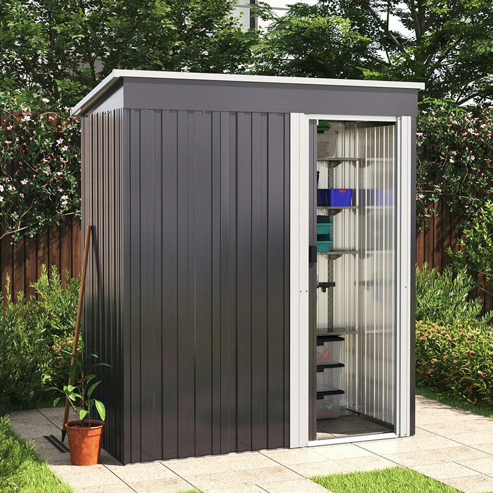 image 1 of Living and Home Galvanized Steel Garden Tool Shed - Black 153 x 77 x 182cm Black
