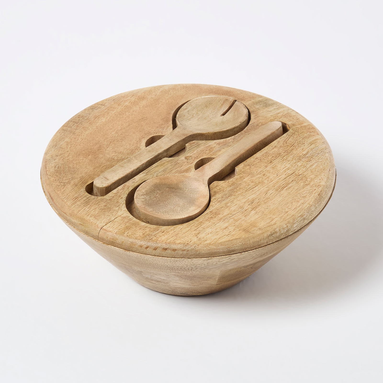 Homescapes Mango Wood Serving Bowl & Cutlery Set in Natural