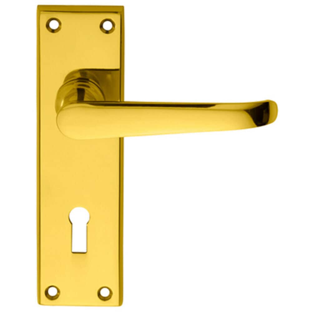 Loops PAIR Straight Victorian Handles on Lock Backplate 150 x 42mm Polished Brass in Metallics