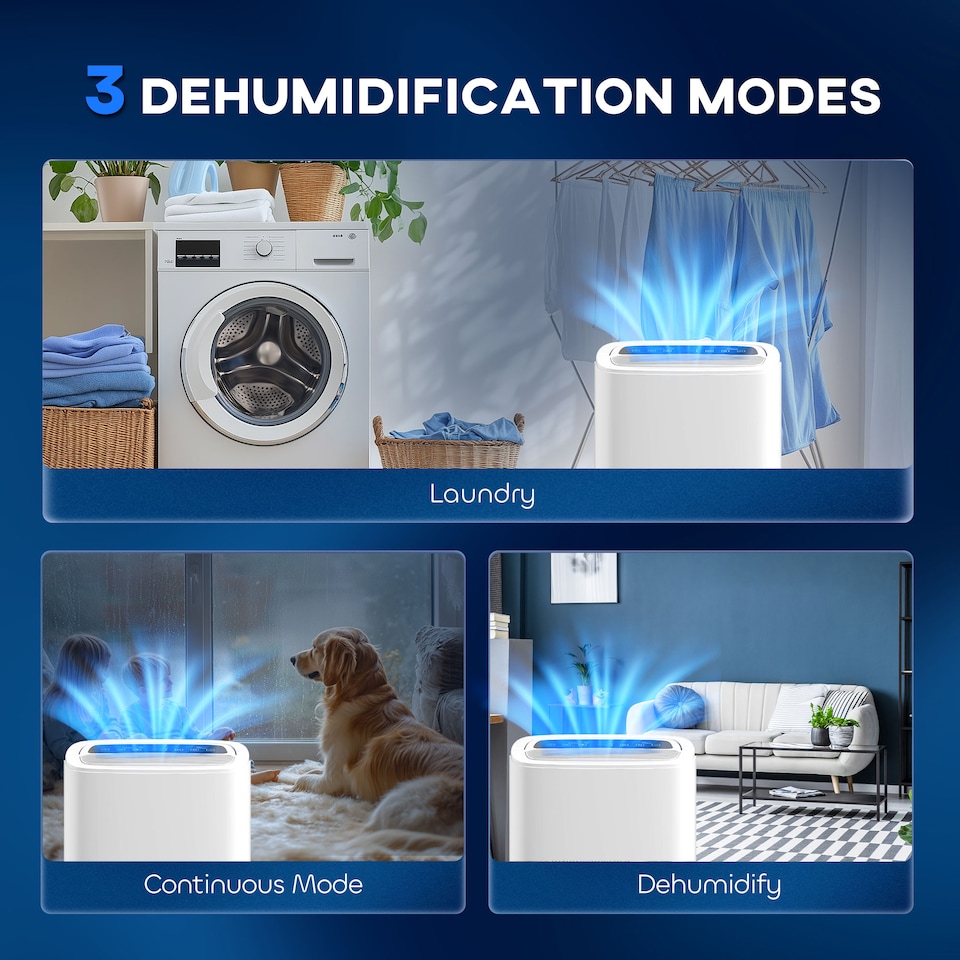 image 1 of HOMCOM 20LDay Dehumidifier with Continuous Drainage, 5L Water Tank, 24H Timer, Digital Humidity Display, Humidity Light, Dehumidifier for Home Damp, Bedroom, Condensation, Mould, Laundry Drying
