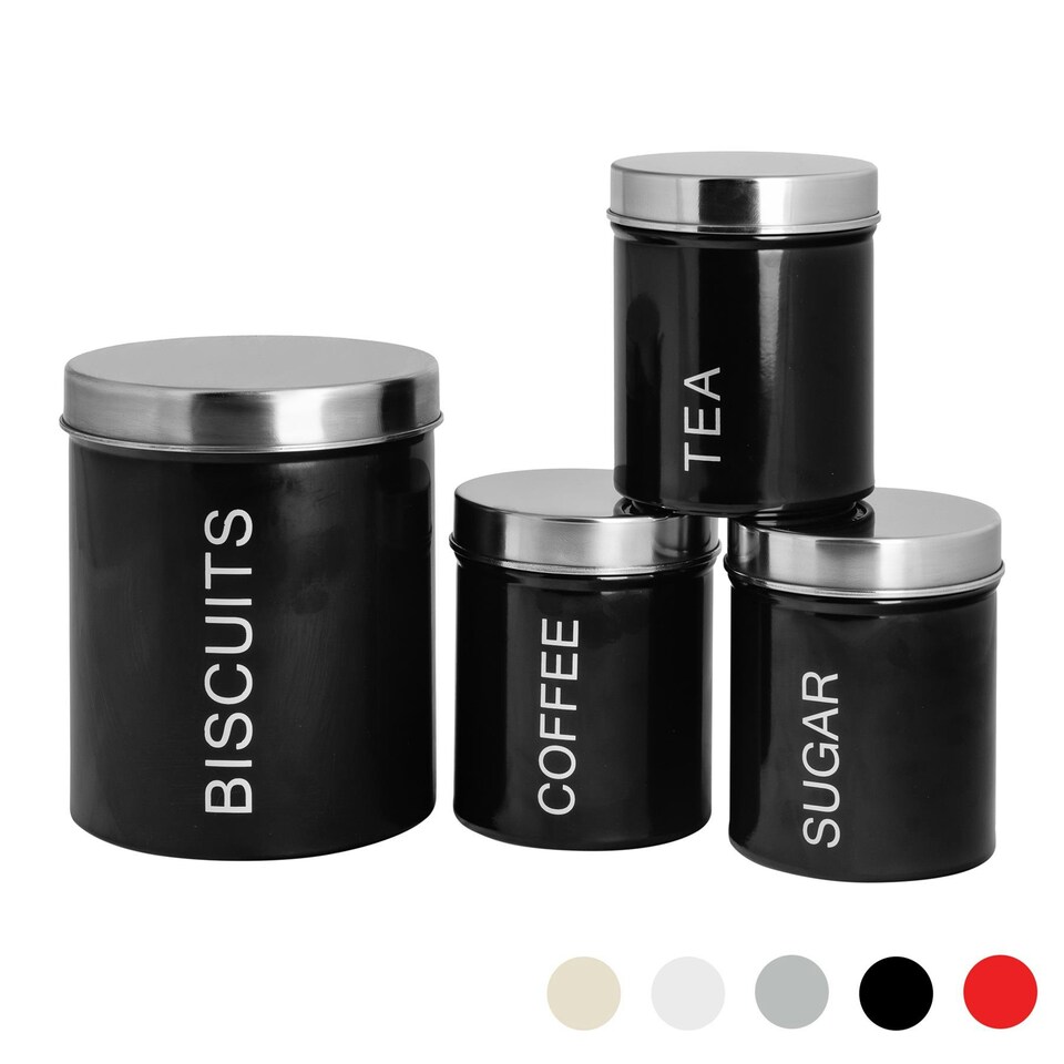 image 1 of Harbour Housewares 4 Piece Black Round Metal Kitchen Canisters Set Utility Storage Utility Containers Storage Box Storage Container