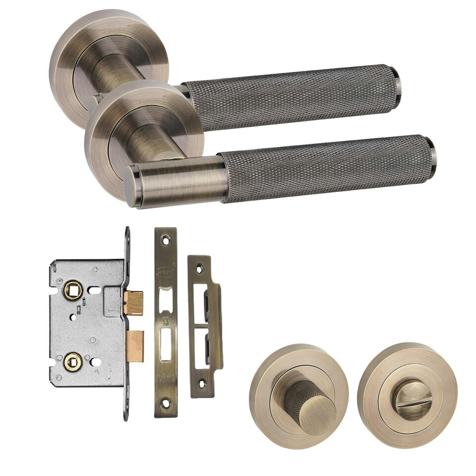 image 1 of Golden Grace Straight T-Bar Knurled Bathroom Door Handle Set in Antique Brass with Thumbturn and Mortise Lock Bronze