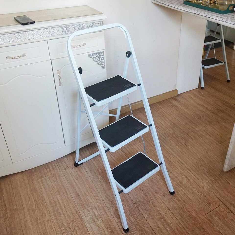 image 1 of Gr8 Home 3 Step Ladder Folding Stool Non Slip Tread Heavy Duty Steel Foldable Home DIY