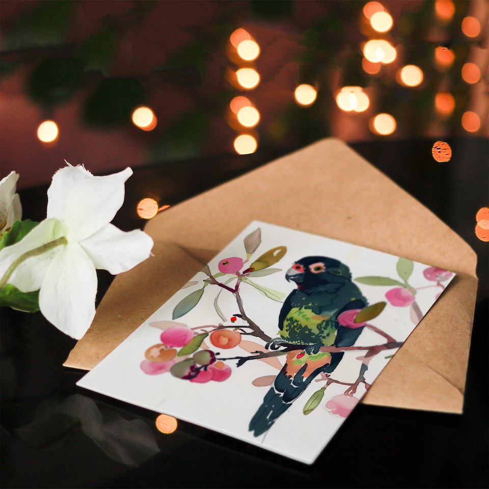 image 1 of Greeting Card Parrot Perched on Fruit Tree Branch Watercolour Birthday