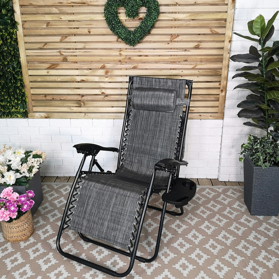 image 1 of Multi Position Garden Gravity Relaxer Chair Sun Lounger with Sun Canopy in Grey