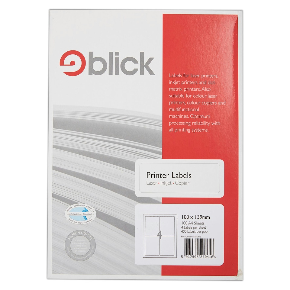image 1 of Blick 4 Per Sheet 100 Sheets, 100mm x 139mm, Rectangular, White, 400 Labels