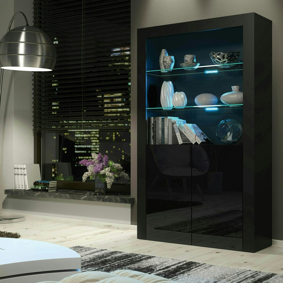 image 1 of Black Display Cabinet 100cm Gloss Doors Free LED Modern Tall Unit Black