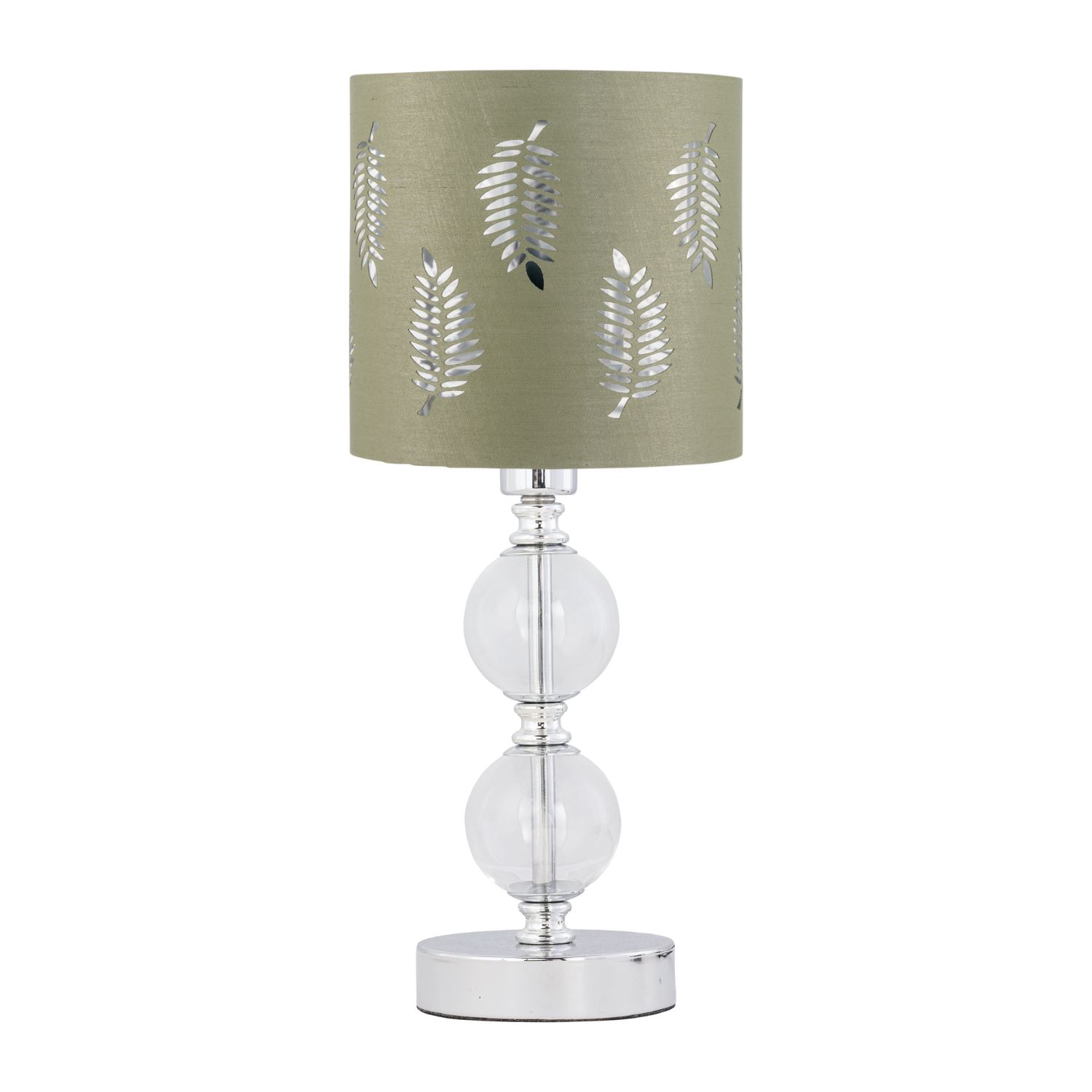 First Choice Lighting Chrome Two Ball Table Lamp with Sage Green Fern Shade in Silver