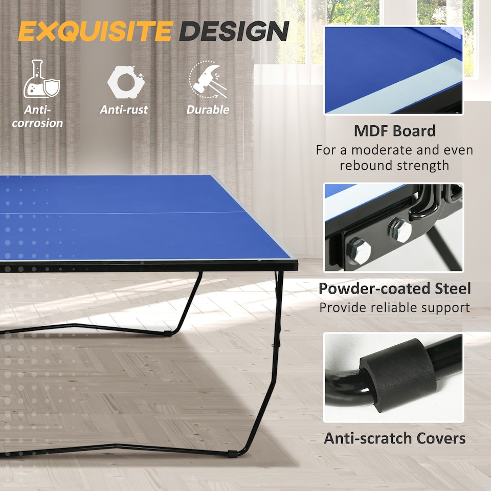 image 1 of SPORTNOW 9ft Folding Table Tennis Table, Portable FullSize Tennis Table with Eight Wheels, Two Bats, Three Balls, Blue