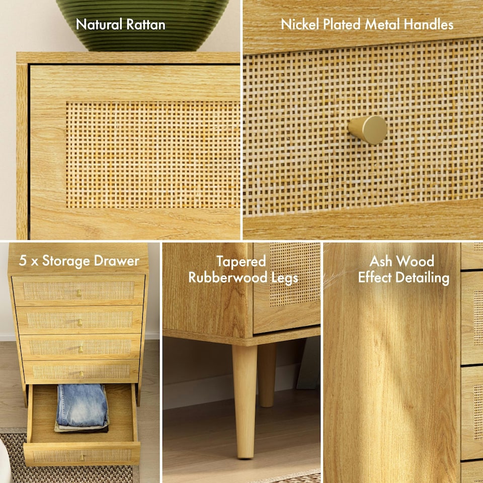 image 1 of VonHaus Rattan Tall Chest of Drawers with 5 Drawers Brown