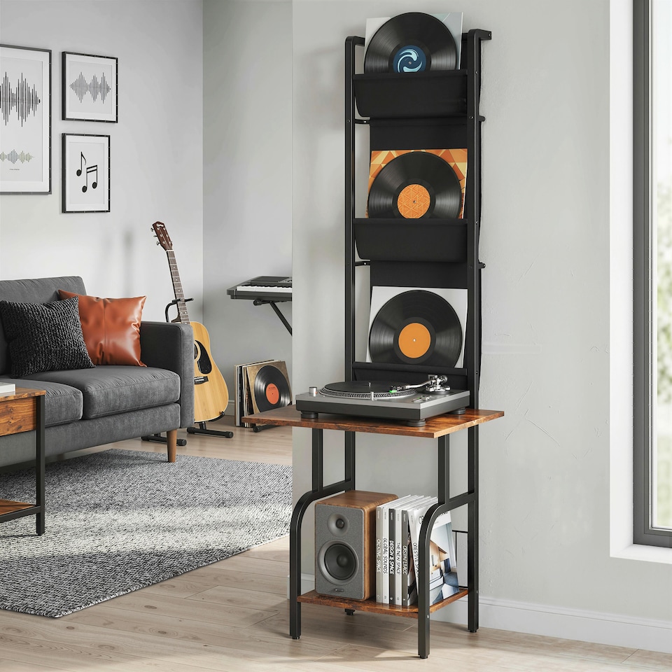 image 1 of HOMCOM Vinyl Record Player Stand with Oxford Pockets Rustic Brown and Black | Brown | Rustic Brown and Black | 50 x 48.5 x 144 cm
