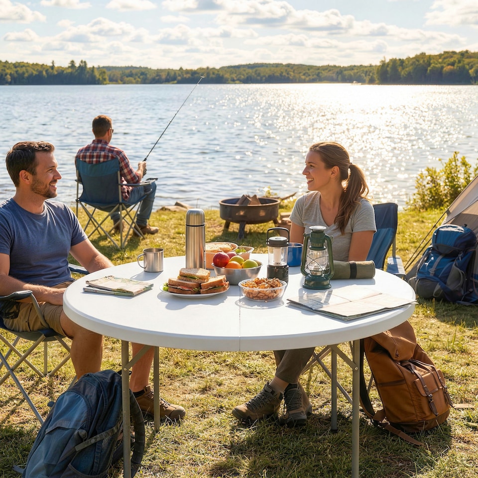 image 1 of Outsunny 4ft Picnic Table Folding Heavy Duty, White | Grey | White, Light Grey | 120 x 120 x 74 cm