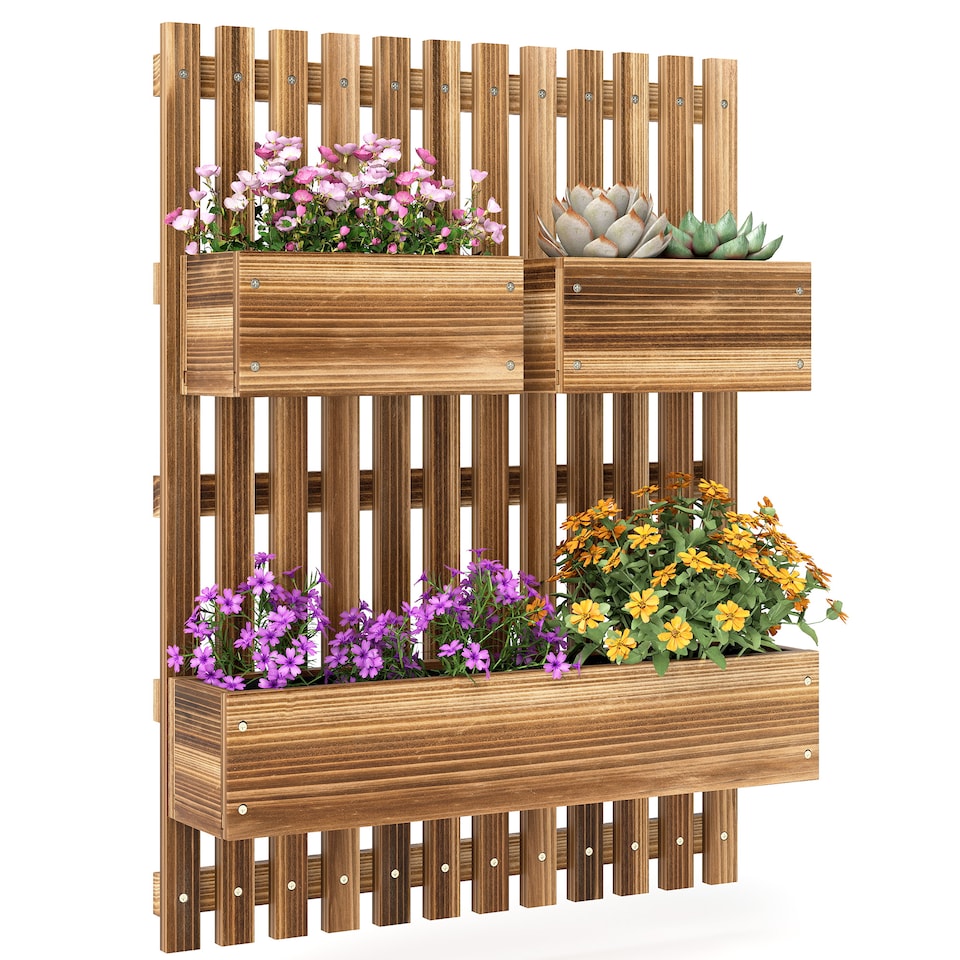 image 1 of Outsunny Wooden Garden Planters with Trellis Wall-mounted Raised Garden Bed