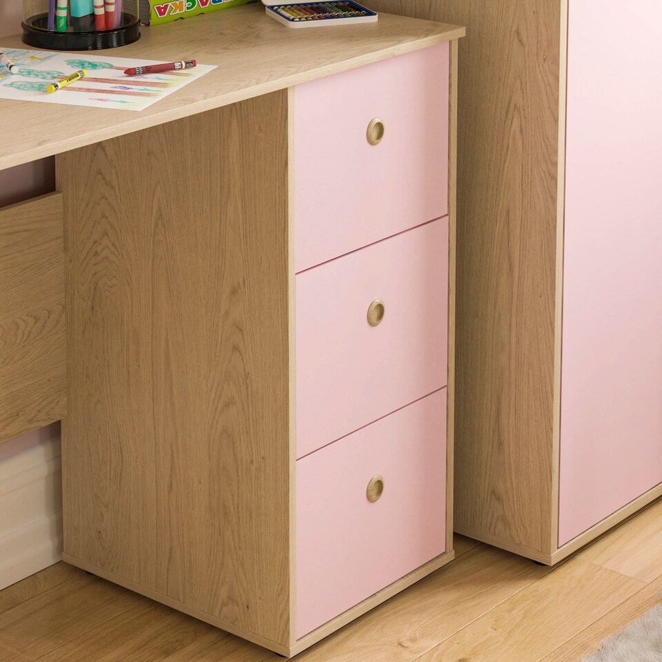 image 1 of Junior Vida Neptune 3 Drawer Desk Computer Desk Home Workstation, Pink & Oak