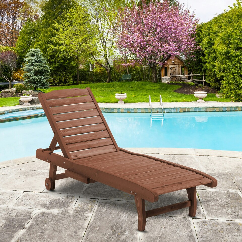 image 1 of Outsunny Wooden Sun Lounger Outdoor Patio Sun Bed w/ Pull-out Table
