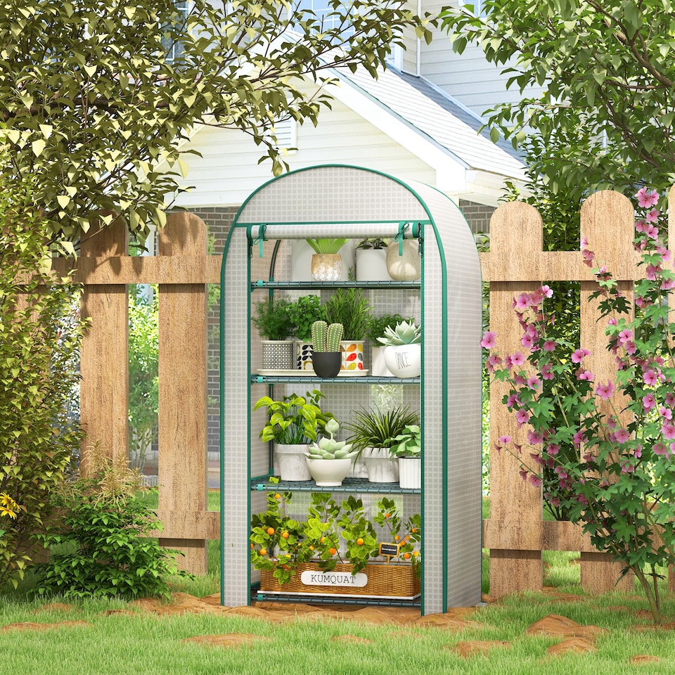 image 1 of Outsunny 80 x 49 x 160cm Mini Greenhouse Portable Green House with Shelf White