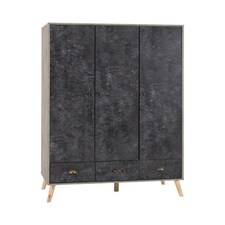 Nordic 3 Door 3 Drawer Wardrobe - L55.5 x W113 x H179.5 cm - Concrete Effect/Charcoal Grey