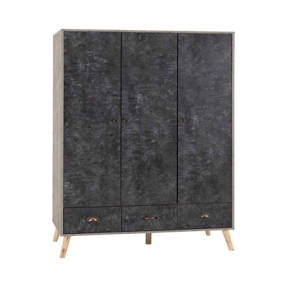 image 1 of Nordic 3 Door 3 Drawer Wardrobe - L55.5 x W113 x H179.5 cm - Concrete Effect/Charcoal Grey