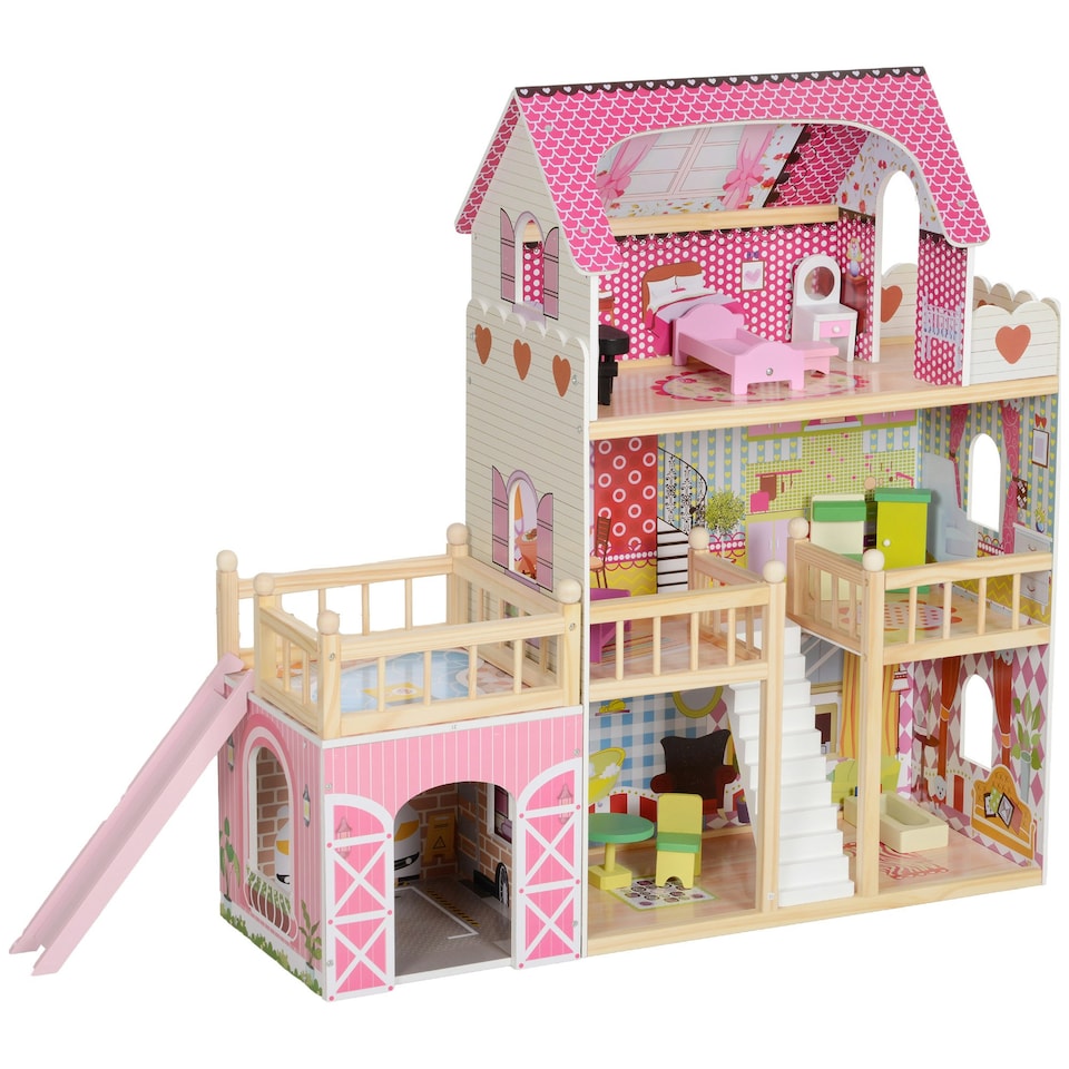 image 1 of AIYAPLAY Dolls House with 13 Wooden Furniture Pieces, for Ages 3-6 Years