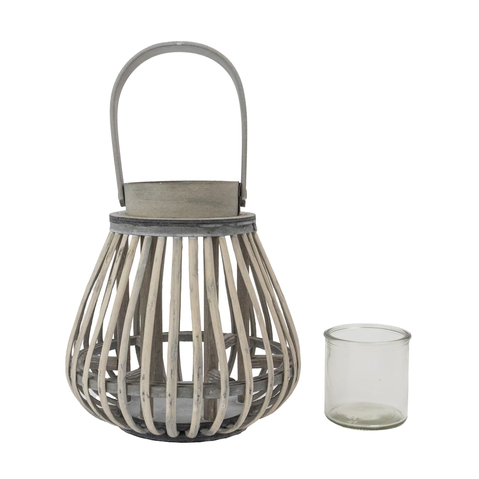 image 1 of JVL Luna Natural Bulb Shaped Willow Wood Lantern With Wooden Handle, Grey Wash