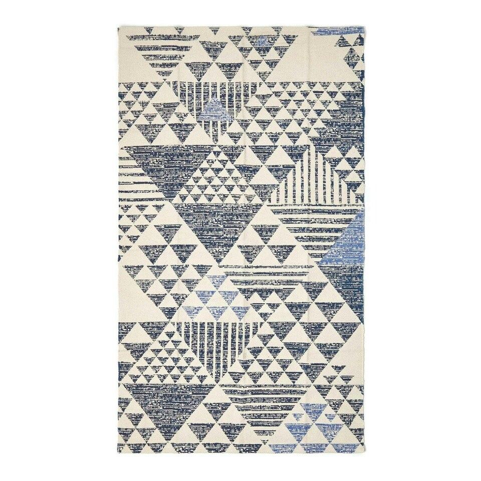 image 1 of Homescapes Delphi Blue and White Geometric Style Cotton Printed Rug - 160 x 230 cm | Blue | White, grey and blue