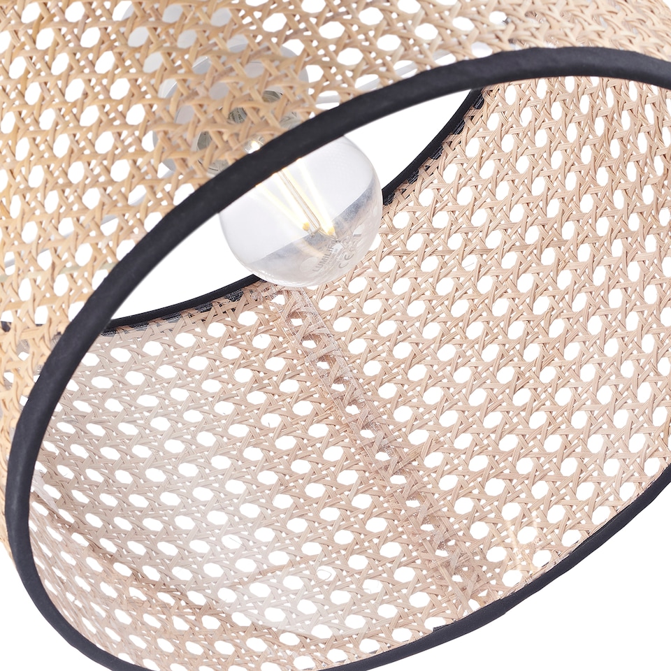 image 1 of Natural Wicker Rattan Drum Shaped Pendant Lamp Shade with Black Cotton Trims | Brown