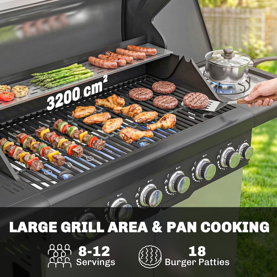 image 1 of Outsunny 6+1 Burner Gas BBQ Grill, Barbecue Grill with Warming Rack, Silver | Silver | Silver Tone | 146 x 53 x 112 cm