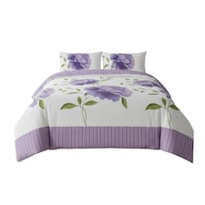 Reversible Floral Duvet Set Elegant Flower Stripe Pattern Bedding for Home Decor | Purple | Lilac | King