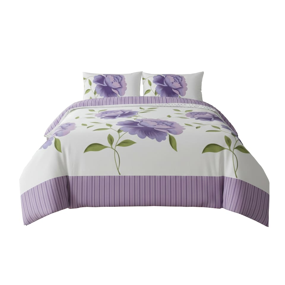 image 1 of Reversible Floral Duvet Set Elegant Flower Stripe Pattern Bedding for Home Decor | Purple | Lilac | King