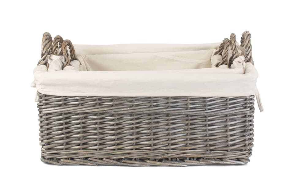 image 1 of Shallow Lined Antique Wash Storage Basket Set of 3 | White | White | Not provided