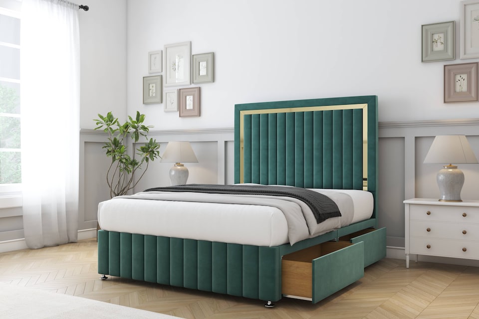 image 1 of Sloomy Boston Gold Emerald Plush Divan Bed With Mattress 2 Drawers Right Side With 54" Floor Standing Headboard & 12" Matching Footboard 2'6 Small Single | Green | Emerald | Small Single | 1
