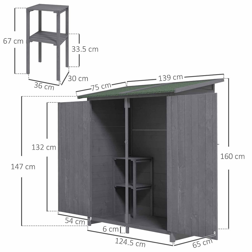 image 1 of Outsunny Small Shed, Wooden Garden Shed with Flexible Table, Hooks and Ground Nails, Lockable Tool Shed with Asphalt Roof, 140 x 75 x 157cm, Grey