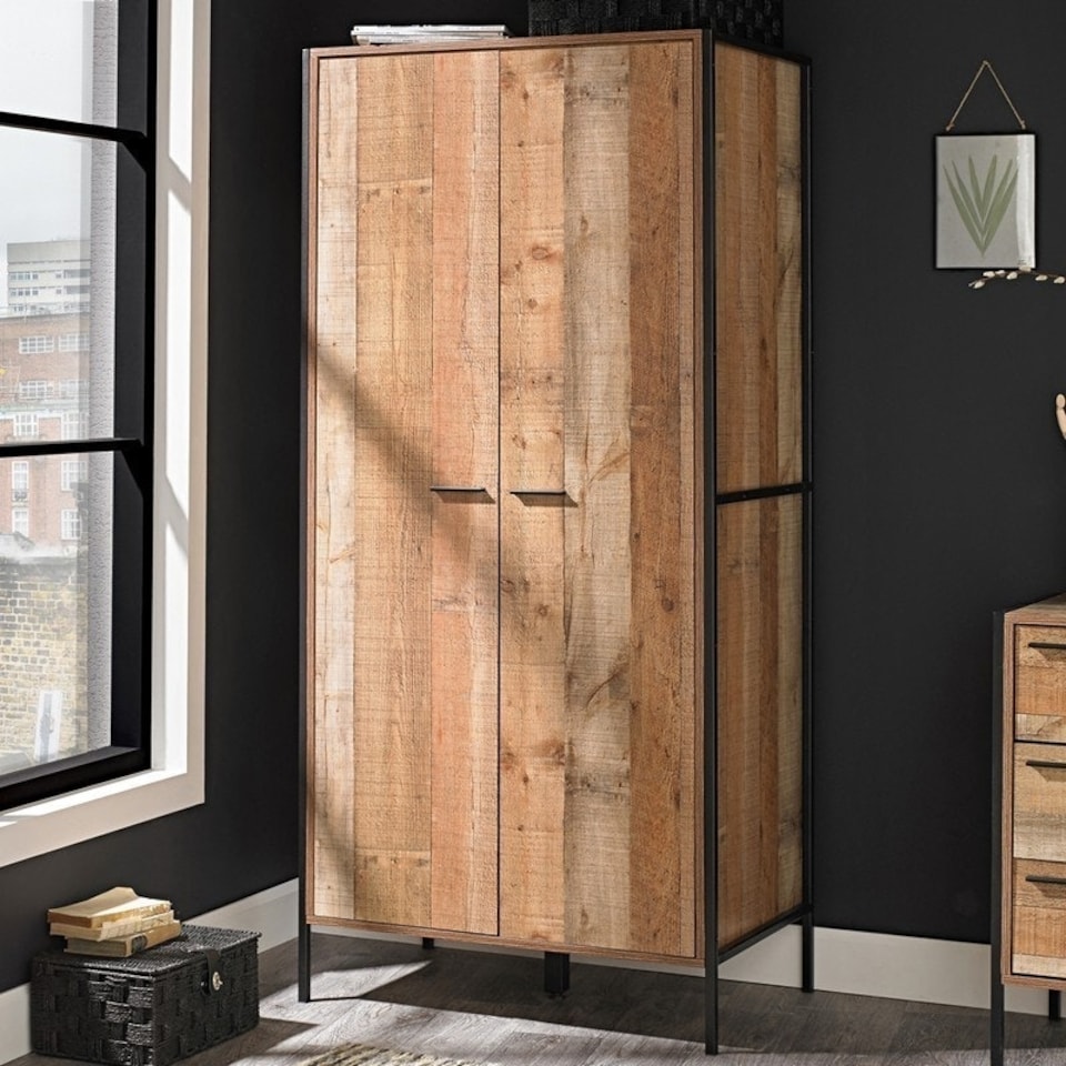 image 1 of Hoxton 2 Door Wardrobe - Wood - L52 x W83.8 x H180 cm - Distressed Oak Effect | Brown