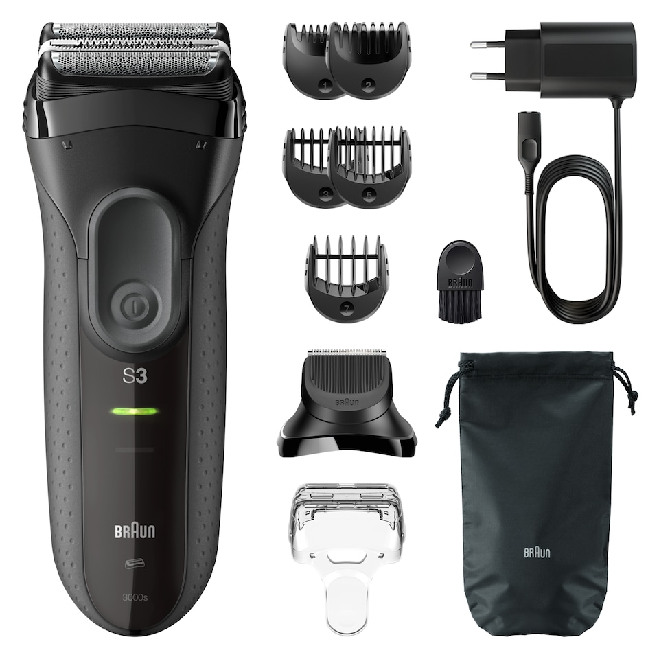 image 1 of Braun Series 3+ Electric Shaver, Beard Trimmer Attachment, Dry, 3000BT, Grey