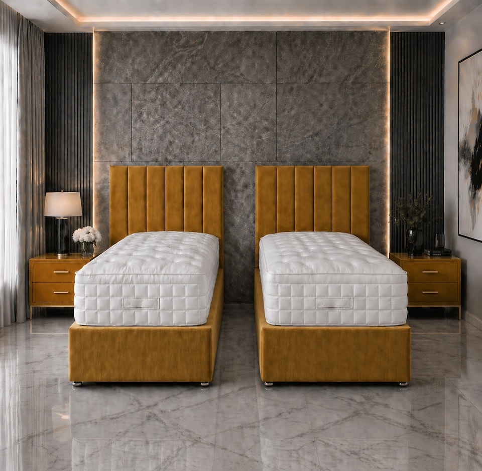 image 1 of 5ft Kingsize Zip Link 6x6 Length Mustard Plush Divan Bed Full Set No Drawers