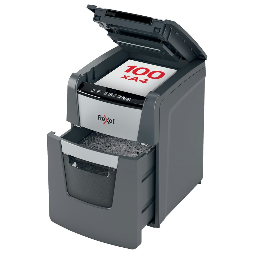 Rexel Optimum AutoFeed Plus 100X Cross Cut Shredder 34 Litre 100 Sheet Automatic/8 Sheet Manual Black 2020100X