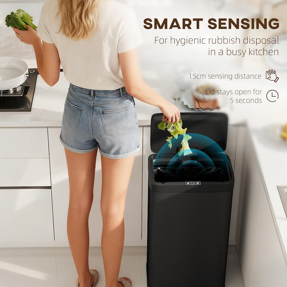 image 1 of HOMCOM 45L Sensor Bin, Metal Kitchen Bin with Automatic Close, Black