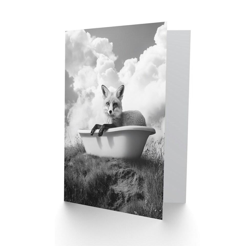 image 1 of Fox in Bathtub in a Field Black White Surreal Birthday Greeting Card