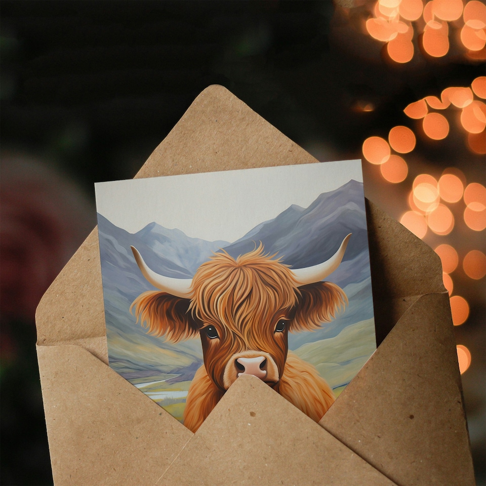 image 1 of Happy Birthday Cute Highland Cow in Scotland Heather Birthday Card