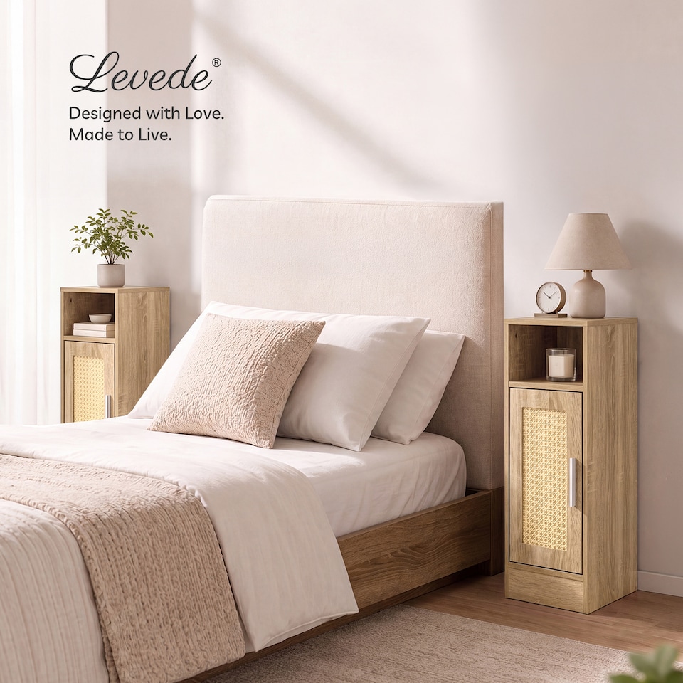 image 1 of Levede Bedside Table 2 Pc Narrow Side Table Boho Rattan Storage For Bedroom Wood
