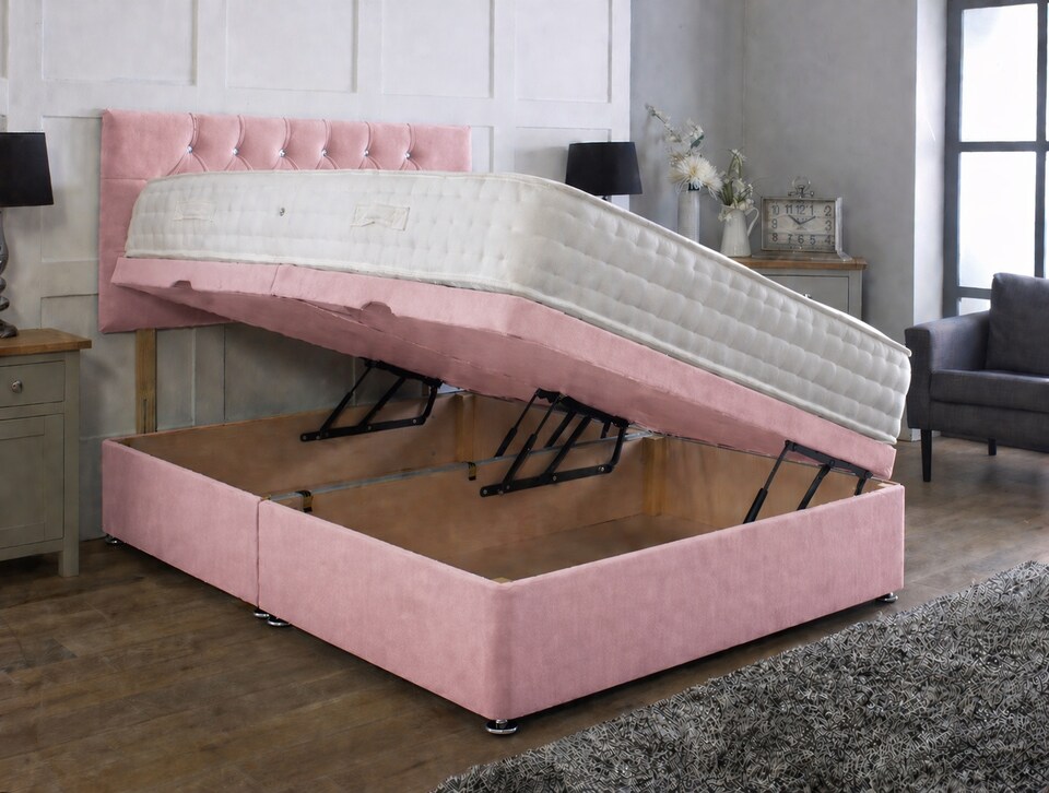 image 1 of Side Lift 5ft Kingsize Pink Plush Ottoman Bed With Headboard and Mattress