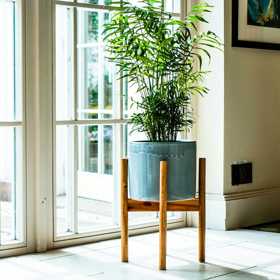 image 1 of Anzio Stone Planter with Wooden Stand - Ceramic - L24 x W24 x H38.5 cm - White | White